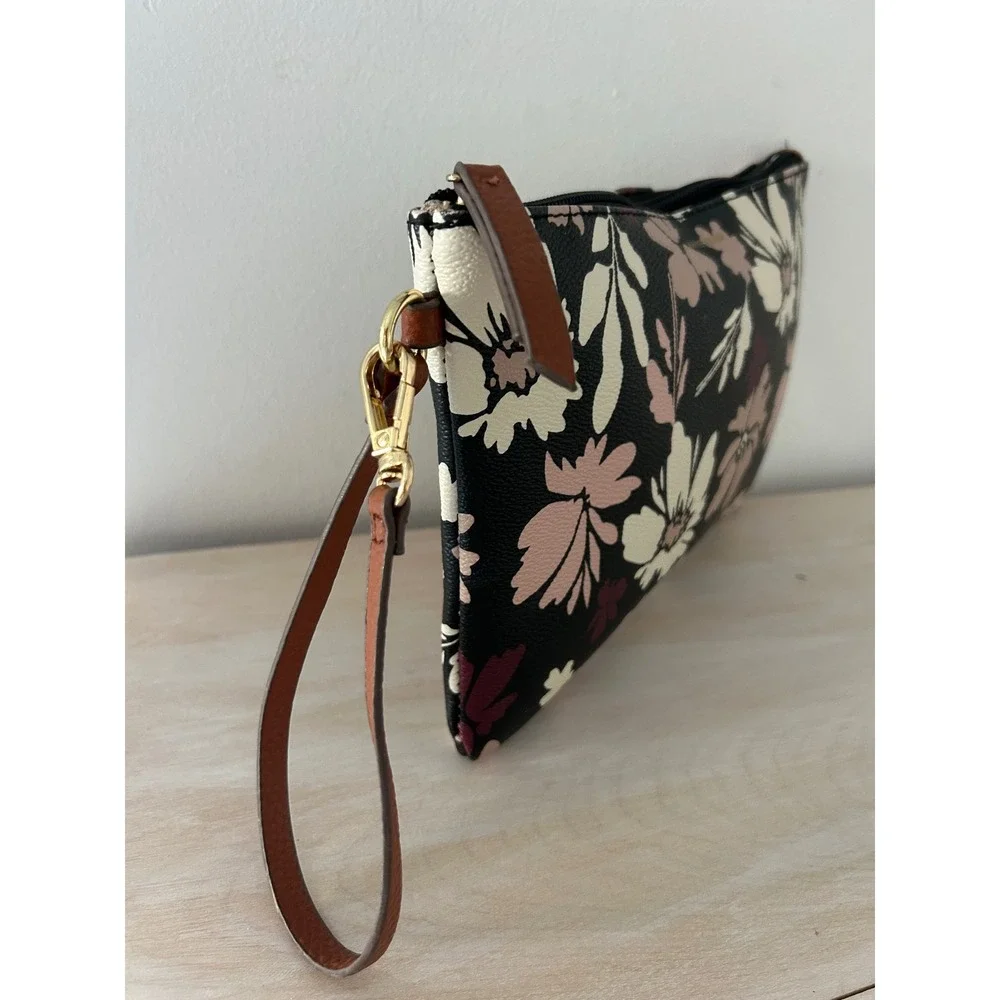 Anne Klein Floral Wristlet Clutch Bag Black Pink Cream Gold Hardware